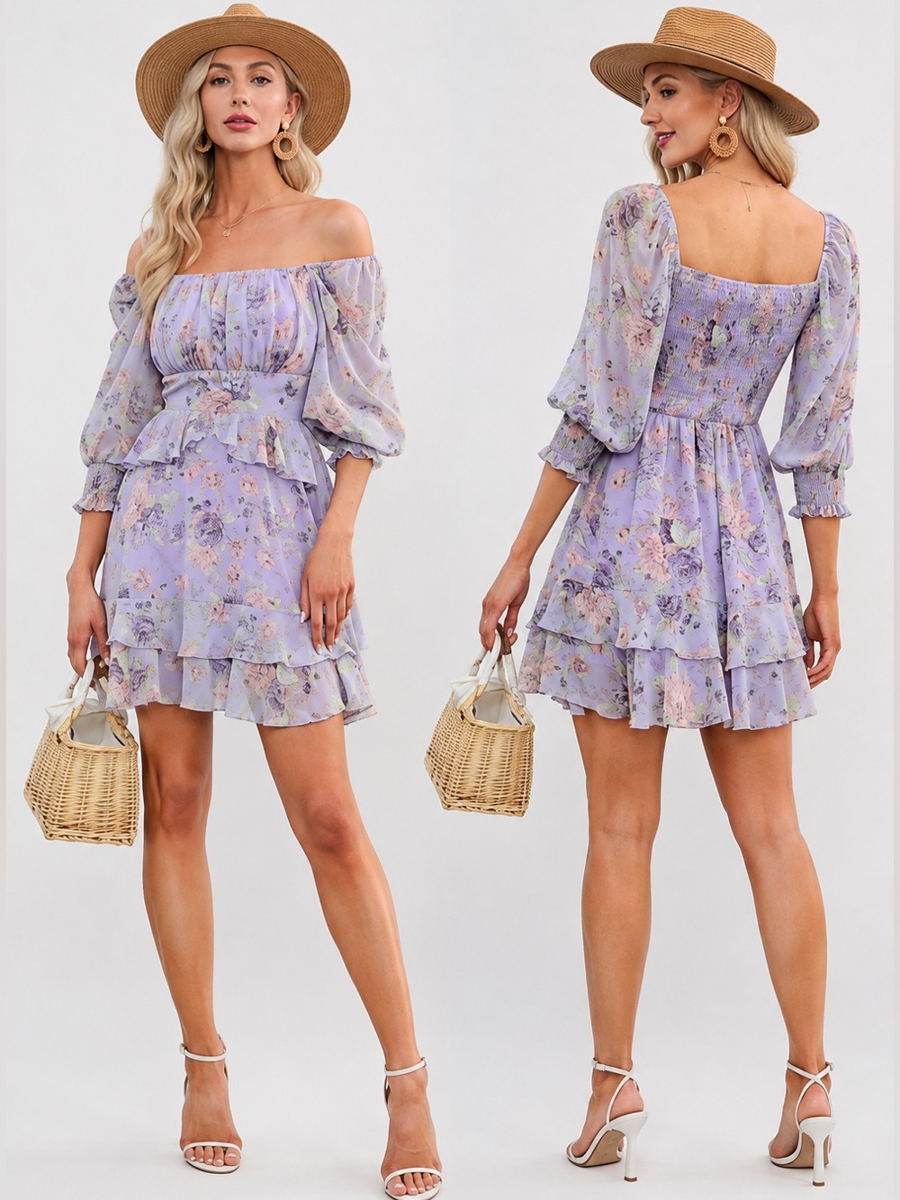 Exlura Lavender Floral Off Shoulder Smocked Ruffle Mini Dress Cottagecore NWT M